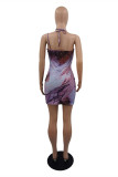Multicolor Fashion Sexy Print Hollowed Out Backless Spaghetti Strap Sleeveless Dress