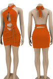 Fluorescent Orange Sexy Solid Hollowed Out Patchwork Frenulum Backless Asymmetrical Halter Pencil Skirt Dresses