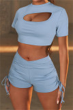 Blue Casual Sportswear Solid Hollowed Out Draw String O Neck Short Sleeve Two Pieces