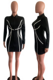 Black Casual Print Split Joint Zipper Collar Pencil Skirt Dresses