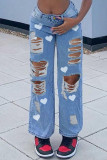 Blue Fashion Casual Print Ripped Plus Size Jeans
