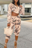 Gray White Street Print Tie Dye Patchwork Asymmetrical Hooded Collar Long Sleeve Two Pieces