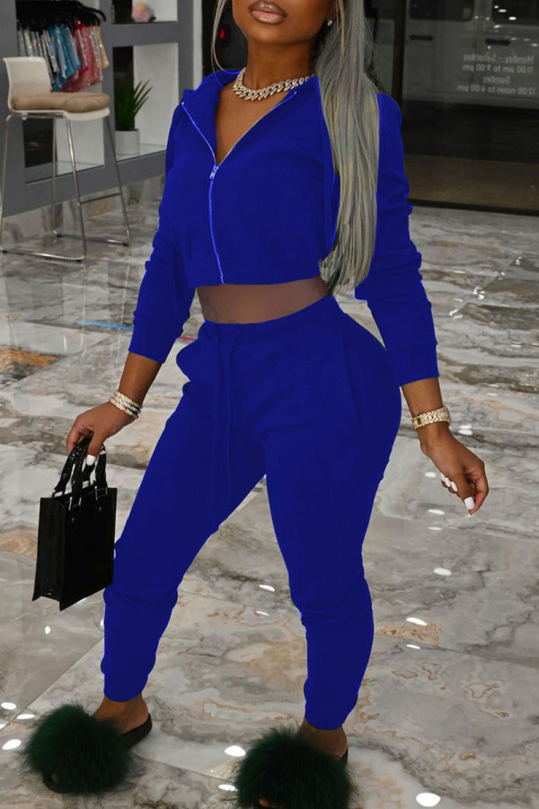 Blue Casual Solid Patchwork Zipper Hooded Collar Long Sleeve Two Pieces