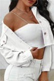 White Fashion Patchwork Solid Tassel Backless Turndown Collar Long Sleeve Regular Denim Jacket
