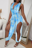 Blue Fashion Sexy Print Backless V Neck Regular Jumpsuits