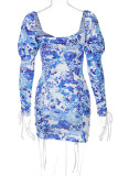 Blue Fashion Sexy Print Bandage Draw String Square Collar Short Sleeve Dress