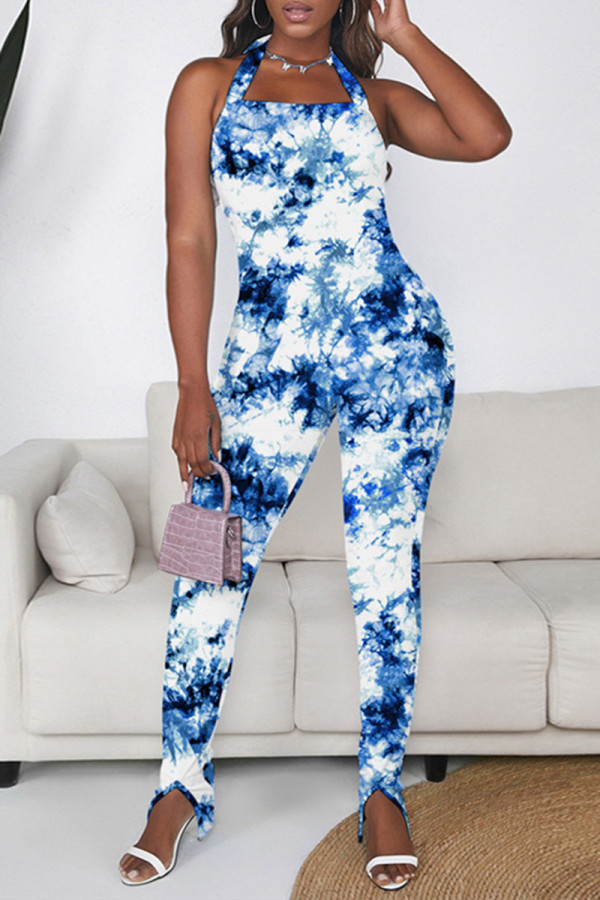 Blue Sexy Casual Print Tie Dye Backless Halter Skinny Jumpsuits