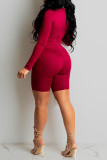 Burgundy Fashion Sexy Solid Hollowed Out O Neck Skinny Romper