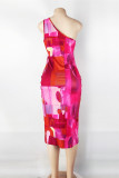 Rose Red Sexy Casual Print Hollowed Out Backless One Shoulder Sleeveless Dress