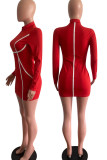 Red Casual Print Split Joint Zipper Collar Pencil Skirt Dresses