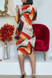 Multicolor Elegant Geometric Print Hollowed Out Split Joint O Neck Pencil Skirt Dresses
