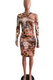 Multicolor Sexy Print Hollowed Out Split Joint Asymmetrical O Neck Pencil Skirt Dresses