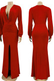 Red Elegant Solid Patchwork Slit Fold V Neck Evening Dress Dresses