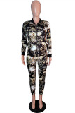 Black Fashion Casual Print Basic Zipper Collar Long Sleeve Two Pieces