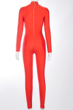 Red Fashion Solid Patchwork O Neck Regular Jumpsuits