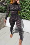 Red Fashion Sexy Solid Hollowed Out See-through Turtleneck Long Sleeve Two Pieces