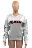 Grey Casual Print Letter O Neck Tops