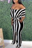 Black Fashion Casual Striped Print Backless Off the Shoulder Regular Jumpsuits