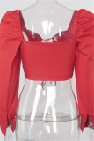 Red Sexy Casual Solid Backless Strap Design Square Collar Tops