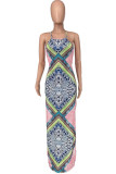 Multicolor Fashion Sexy Print Backless Slit Spaghetti Strap Sleeveless Dress