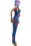 Blue Fashion Casual Butterfly Print Fold Hooded Collar Sleeveless Two Pieces