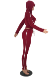 Red Casual Solid Draw String Hooded Collar Long Sleeve Two Pieces