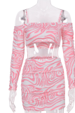 Pink Sexy Print Split Joint Spaghetti Strap Long Sleeve Two Pieces
