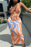Blue Orange Fashion Sexy Print Vests U Neck Sleeveless Two Pieces