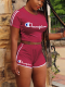 Burgundy Casual Print Patchwork O Neck Short Sleeve Two Pieces