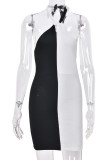 Black White Sexy Solid Hollowed Out Frenulum Backless Contrast Halter Wrapped Skirt Dresses