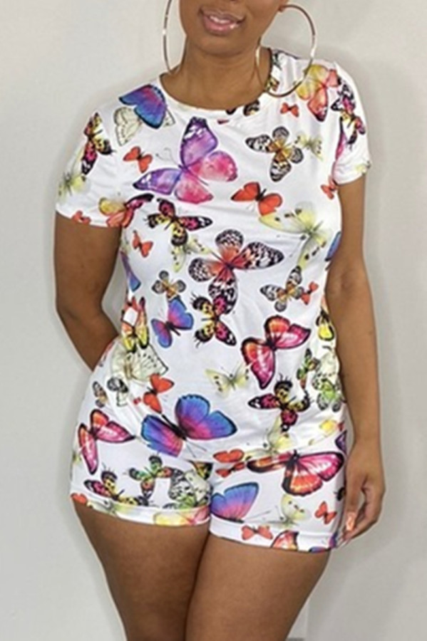 White Fashion Casual Butterfly Print Basic O Neck Short Sleeve Two Pieces