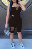 Blue Casual Solid Ripped Strapless Sleeveless Two Pieces