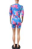 Red Casual Tie Dye Bandage Patchwork O Neck Half Sleeve Two Pieces