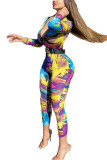 Yellow Fashion Light Print Coloured drawing Long Sleeve O Neck Jumpsuits