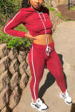 Red Casual Solid Draw String Hooded Collar Long Sleeve Two Pieces