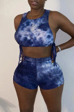 Blue Fashion Casual Print Tie-dye O Neck Sleeveless Two Pieces