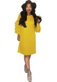 Yellow Casual O-Neck 3/4 Sleeve Loose Midi Club Dresses