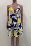 Yellow Blue Sexy Print Bandage Hollowed Out Patchwork Backless Flounce Halter A Line Dresses
