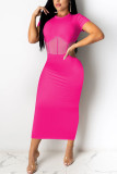 Red Fashion Sexy adult Ma'am Cap Sleeve Short Sleeves O neck Step Skirt Mid-Calf Patchwork Mesh Solid Dresses