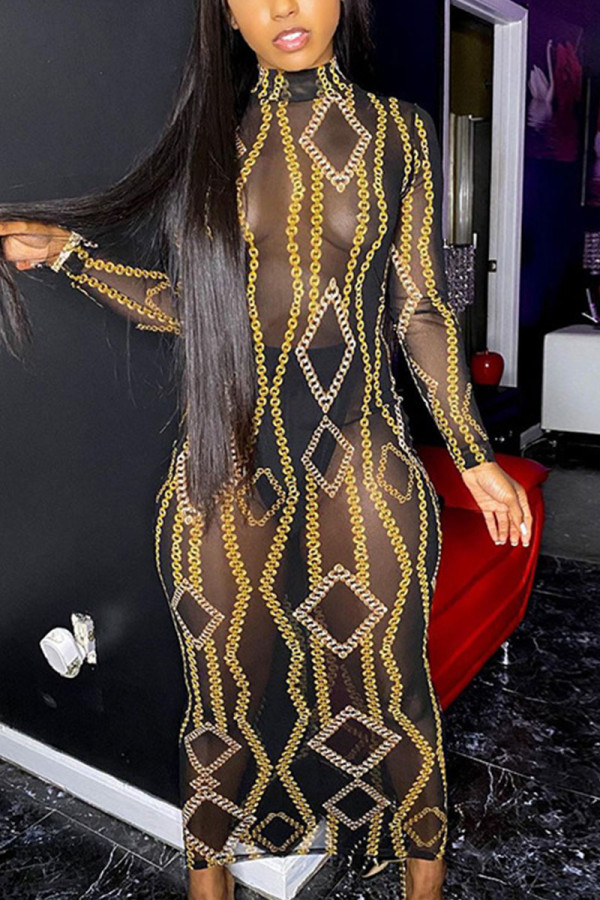Black Sexy Print Split Joint See-through O Neck Pencil Skirt Dresses