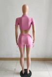 Pink Sexy Casual Solid Hollowed Out Half A Turtleneck Short Sleeve Two Pieces