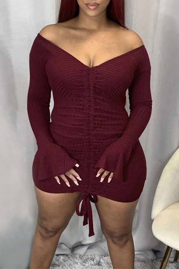 Wine Red Fashion Sexy Solid Draw String V Neck Long Sleeve Dresses