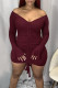 Wine Red Fashion Sexy Solid Draw String V Neck Long Sleeve Dresses
