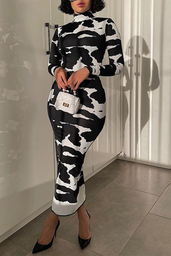 Black Sexy Print Patchwork Half A Turtleneck Pencil Skirt Dresses