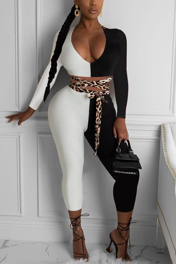 White Sexy Print Split Joint V Neck Long Sleeve Two Pieces
