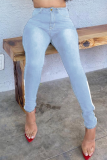 Medium Blue Casual Solid Split Joint Mid Waist Skinny Denim Jeans