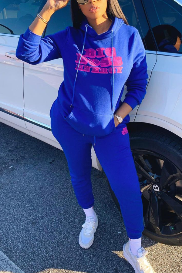 Blue Casual Print Letter Hooded Collar Long Sleeve Two Pieces