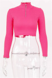 Rose Red Fashion Casual Solid Basic Zipper Collar Tops