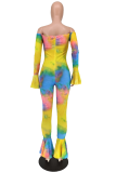 Multicolor Casual Patchwork Tie-dye Bateau Neck Boot Cut Jumpsuits