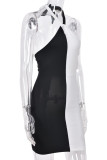 Black White Sexy Solid Hollowed Out Frenulum Backless Contrast Halter Wrapped Skirt Dresses